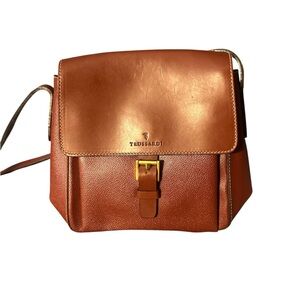 Trussardi burgundy brown  Leather Crossbody Bag with Gold Buckle like new
